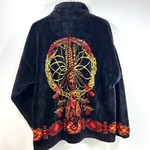 VINTAGE Bear Ridge Fleece Aztec Jacket Dream Catcher Zip Up XL Black USA Made